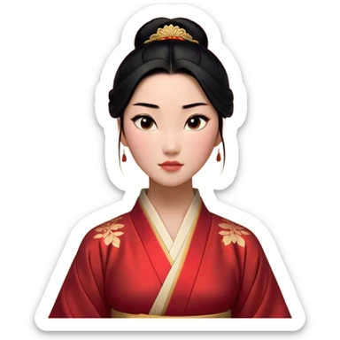 Cinematic Realistic Noble Mulan Portrait, depicted with lifelike, warm light-toned skin that reveals subtle texture and natural shadows. Her sleek black hair is intricately styled into a traditional bun with every strand rendered in exquisite detail, and her almond-shaped eyes, full of quiet resolve, are softly illuminated. She wears a meticulously detailed traditional robe with delicate red and gold accents, its rich fabric textures and gentle folds catching the light beautifully. The portrait radiates a natural, enchanting glow, capturing Mulan’s inner strength and timeless grace in a realistically painterly style. sticker