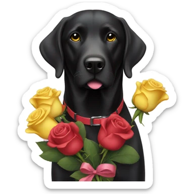 Black lab with red and pink collar holding a bouquet of yellow roses  sticker