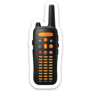 black walkie talkie with red-orange button on side sticker