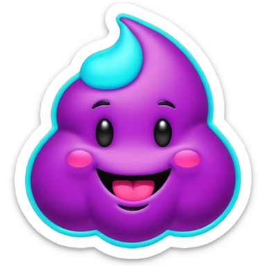 futuristic glowing poop emoji with funny smiling face, purple and cyan neon glow, dark background sticker