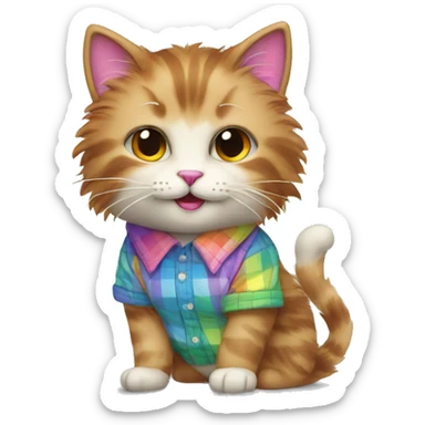 fluffy cat with colorful rainbow fur in a checkered shirt sticker