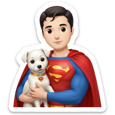 Superman petting white dog wearing a red Superman cape  sticker