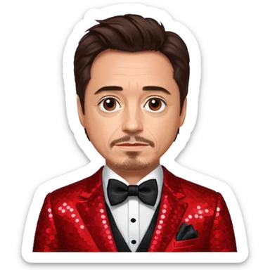 Robert Downey Jr with dark brown hair, red sequin suit with bow tie sticker