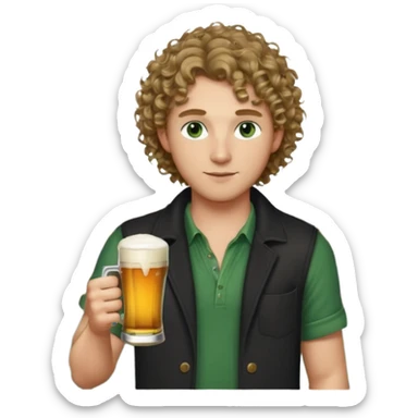 Male, wearing NYC casual clothes , with a beer, fair complexion, green eyes, shoulder length dark blonde curly hair, bar slinger sticker