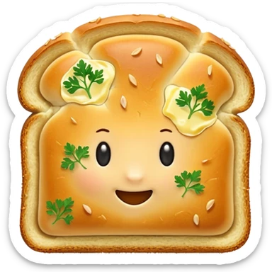golden garlic bread slice with crisp edges, visible melted butter and herbs on the surface, soft fluffy interior, toasted slightly glossy crust, flecks of parsley or garlic, no plate or knife, soft lighting, subtle shadows, emoji scale sticker