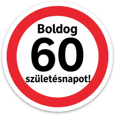 circular sign with red and white color scheme, large black number 60 in the center, text 'Boldog' at the top, text 'születésnapot!' at the bottom, style like the reference, 1000x1000 px, transparent background, PNG sticker