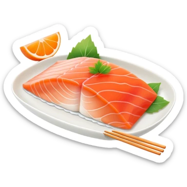 Cute Kawaii Sashimi Slice, delicate and fresh, bright orange salmon with soft pastel textures, an adorable happy face, tiny chopsticks lifting it, gentle glowing highlights! sticker