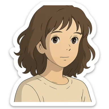 portrait of an Asian girl with medium brown wavy hair and brown eyes, paler skin tone, ghibli style sticker