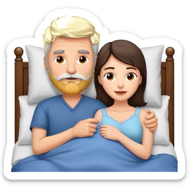 Grey haired man with beard, and brunette woman in bed  sticker