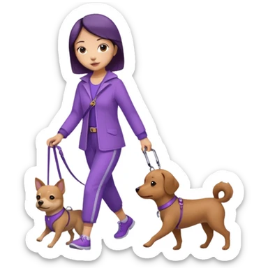 Chinese woman wearing purple outfit walking one small brown dog sticker