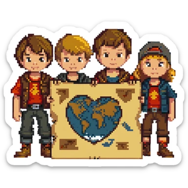 group of kids from the Goonies movie with treasure map sticker
