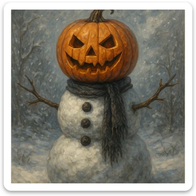 a snowman with a carved pumpkin on its head, detailed, artistic sticker