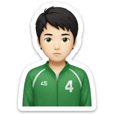 Draw Seong Gi-hun (Player 456), Korean male, messy black hair, green tracksuit with white number 456 printed on chest. sticker
