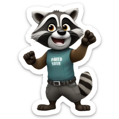 The raccoon waves his paw and greets sticker
