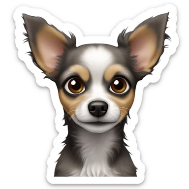 chihuahua poodle mix, small, dark, scruffy dog with large, expressive eyes and pointed ears. It has prominent ears that stand upright and a mix of gray and dark brown fur with some lighter areas around the face and chest sticker
