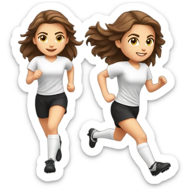 Caucasian girl with brown long hair running with a soccer ball wearing White short and black shorts sticker