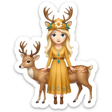 full body woman long blonde hair blue eyes white skin wearing deer hat and golden flower dress sticker