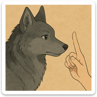 Make the dog gray and add a human hand in front of his nose with the index finger pointing up, in the same ghibli style. sticker