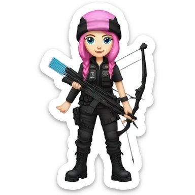 white girl, tactical vest, dark pants, pink hair, blue eyes, black beanie hat with crescent moon and stars on front, bow and arrow, black combat boots sticker