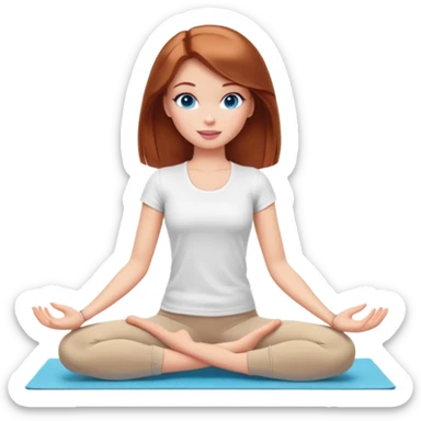 A Barbie girl with blue eyes, shoulder-length reddish-brown hair, made-up, wearing a white T-shirt and beige leggings, does yoga sticker