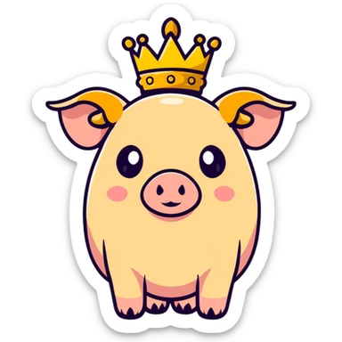 cute pig with a golden crown, chunky, colorful, simple, playful sticker