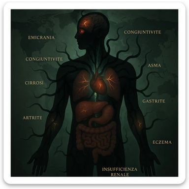 semi-realistic, medical-fantasy human silhouette with dark worm-like forms radiating from the center to every organ, each organ associated with a specific disease (emicrania, aritmia, asma, cirrosi, colite, artrite, eczema, congiuntivite, insufficienza renale, gastrite), glowing cracks, green mist, world map background, allegorical sticker