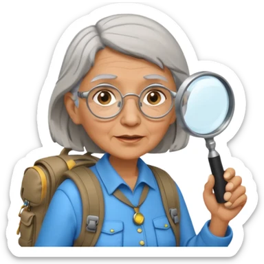 Explorer old woman with magnifying glass and backpack, portrait sticker