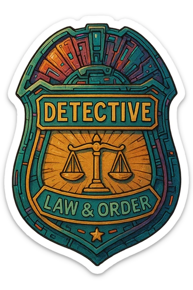 a detective badge, law and order. cyberpunk futuristic sticker