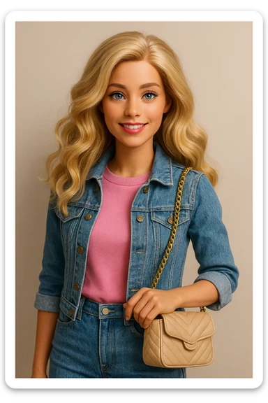 Barbie with wavy blonde hair, trendy outfit, holding a purse, friendly expression sticker