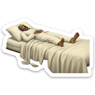 A sick man on a bed in 1870 sticker