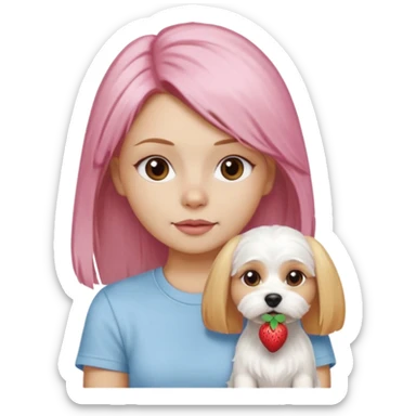 cute white Maltese terrier with pink nose on lap of girl with long blow-dried strawberry blond hair, brown eyes, thin eyebrows, slim nose, beautiful lips, Apple memoji emoji style sticker