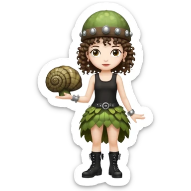 full body woman short curly brown mullet hair brown eyes white skin wearing punk fairy outfit and snail shell hat sticker