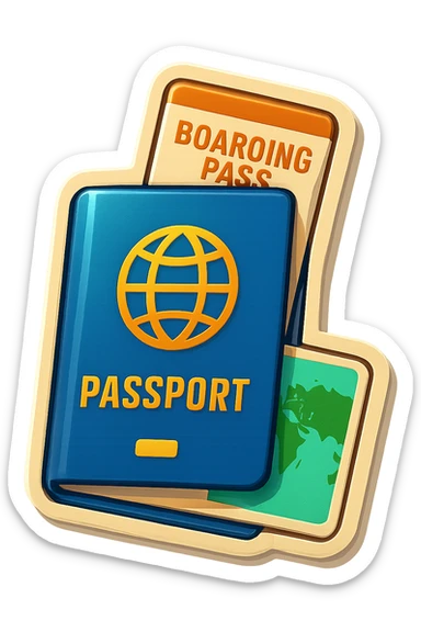 vector-style drawing of a passport with a boarding pass and a small world map peeking out, retro sticker style with bold outlines and glossy highlights sticker