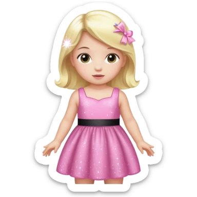 A baby with a pink sparkling dress and blonde hair and black hair and long hair sticker