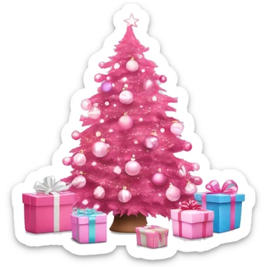 Pink Christmas tree with white Christmas lights and pink presents surrounding it sticker