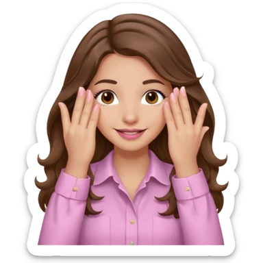 girl with wavy long brown hair, brown eyes, light to medium complexion, long lashes, light pink lipstick, wearing light pink shirt, smiling, hands covering both eyes sticker