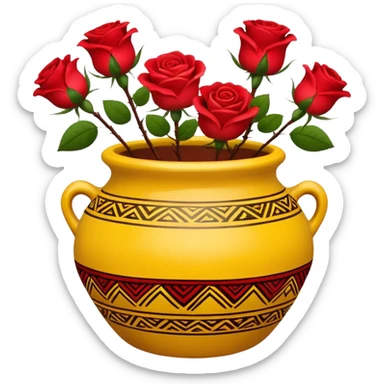 Yellow ceramic pot with red roses; the pot is decorated in an ethnic style. sticker