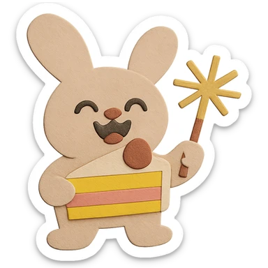 Keep the design the same, but change the bunny ear shape to visually match and harmonize with the rest of the bunny. Maintain the paper-craft style, cake slice, and sparkler. sticker