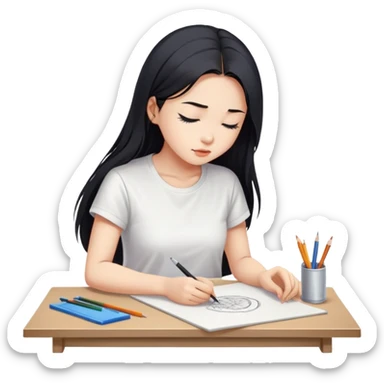 Asian woman in long hair in t shirt drawing on drawing table, looking down  sticker