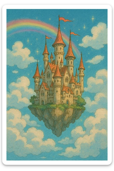 A whimsical, fantasy-themed illustration of a castle floating in the sky. The castle is intricately designed with towers, turrets, and flags fluttering in the wind. It floats among fluffy clouds, with a rainbow arching in the background and magical sparkles adding a touch of enchantment to the scene. sticker