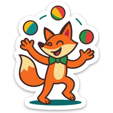 clever fox juggling, vibrant toon style sticker