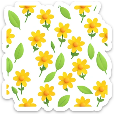 Create a 3D illustration of dandelions in the style of iOS Apple emoji, featuring volumetric yellow flowers and green leaves on a transparent background. sticker
