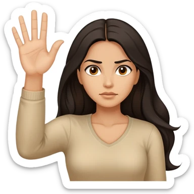 Hispanic woman with long hair, beige top, determined, one hand out motioning to stop sticker