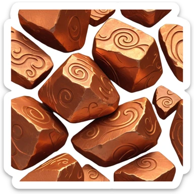 Cinematic Realistic Copper Ore, Warm and earthy, with rich, reddish-brown hues and intricate swirls of natural patterns across the rough, raw surface. The metal catches light with a gentle, glowing shimmer, exuding a rustic, organic charm. Soft glowing outline, capturing the essence of earthy elegance and natural beauty in raw copper ore. sticker