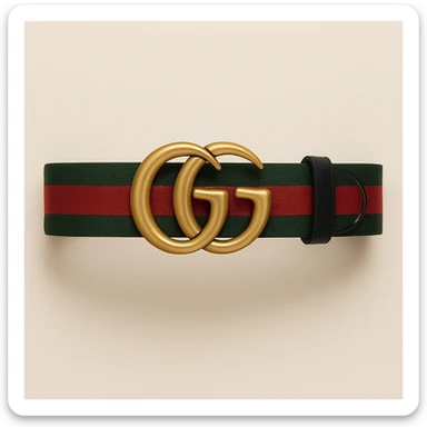 Change the belt band to green, black, and red stripes, keep the gold GG buckle and luxury look, maintaining a high-end fashion style. sticker