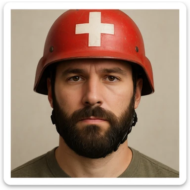 bearded man wearing a red medic helmet, detailed, clear facial hair, helmet with a white cross, neutral background sticker