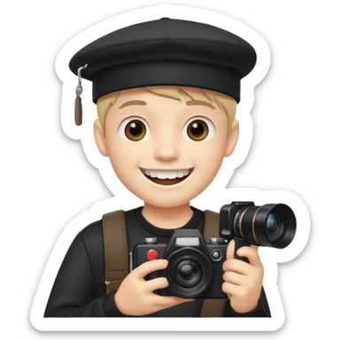 schoolboy with big front teeth wearing a black cap holding a camera in his hand sticker