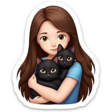 A girl with long brown hair hugs a black cat tightly sticker