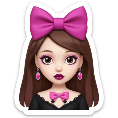 pretty bratz baddie, pale skin, brown hair, pink bow, gothic style sticker