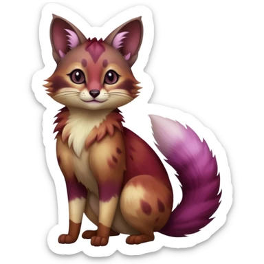 Hyper realistic  wine-dark burgundy fur melting into shadow-plum ombré smoke beautiful elegant pretty precious cute  Fakémon-Pokémon-opossum-feline-serval-caracal-chinchilla-Furret-Minccino-hybrid-creature with a big fluffy bushy tail (full body) sticker